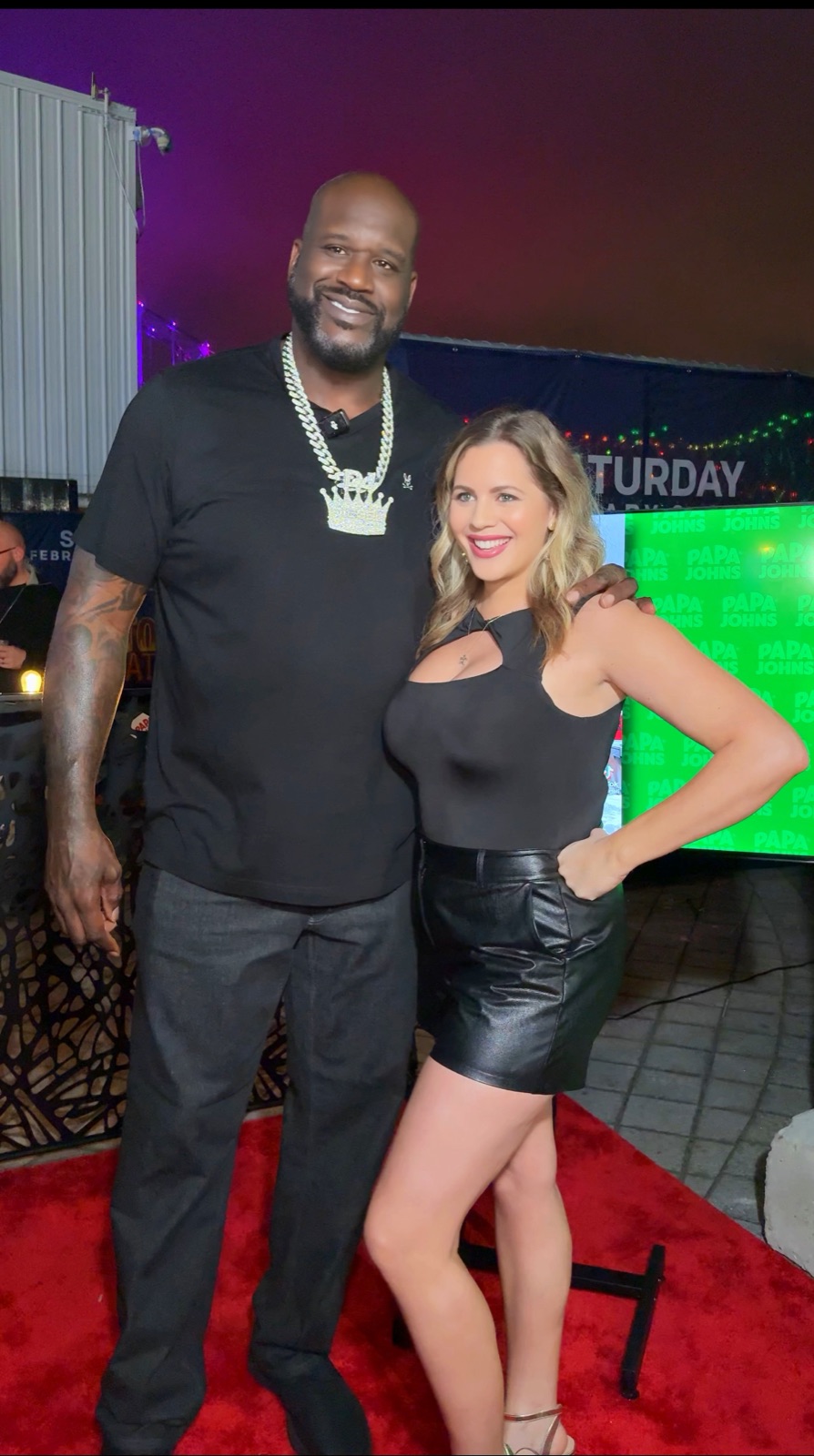 Carla with Shaquille O'Neal at a Papa John's event